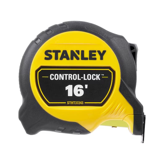 A yellow and black STANLEY 16 ft. CONTROL-LOCK™ Tape Measure is displayed on a white background, with the model number STHT37243 visible on the front label.
